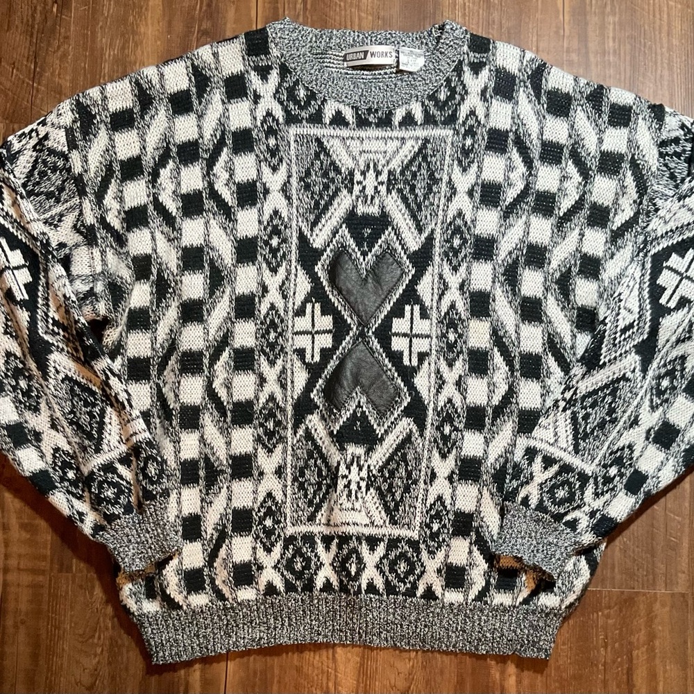 Urban Works Sweater Mens Sz XL Black & White Geometric Leather Trim Vtg 90s